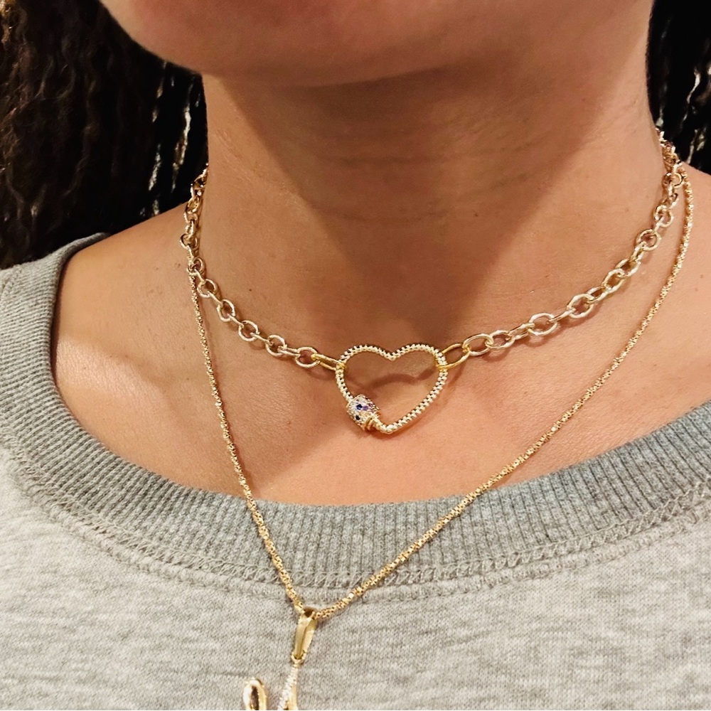 Handmade Gold-Tone Chain Choker with Pavé Heart Carabiner Clasp - Picture 12 of 13